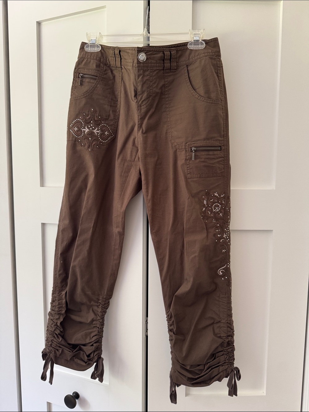 INC International Concepts Brown Cropped Cargo Pants with Embellished Details